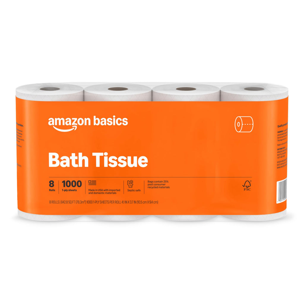 Basics 1000 Sheet 1-Ply Bath Tissue, 8 Rolls, Septic Safe