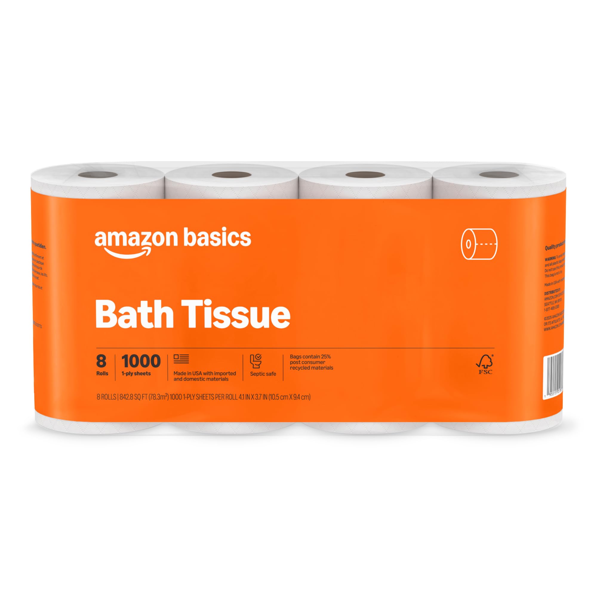 Basics 1000 Sheet 1-Ply Bath Tissue, 8 Rolls, Septic Safe